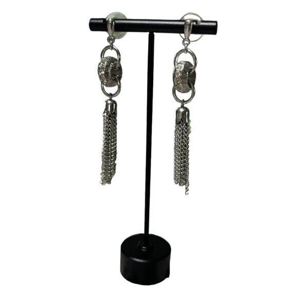 Silver Tassel And Rhinestone Dangle Drop Pierced Earrings - Picture 4 of 8